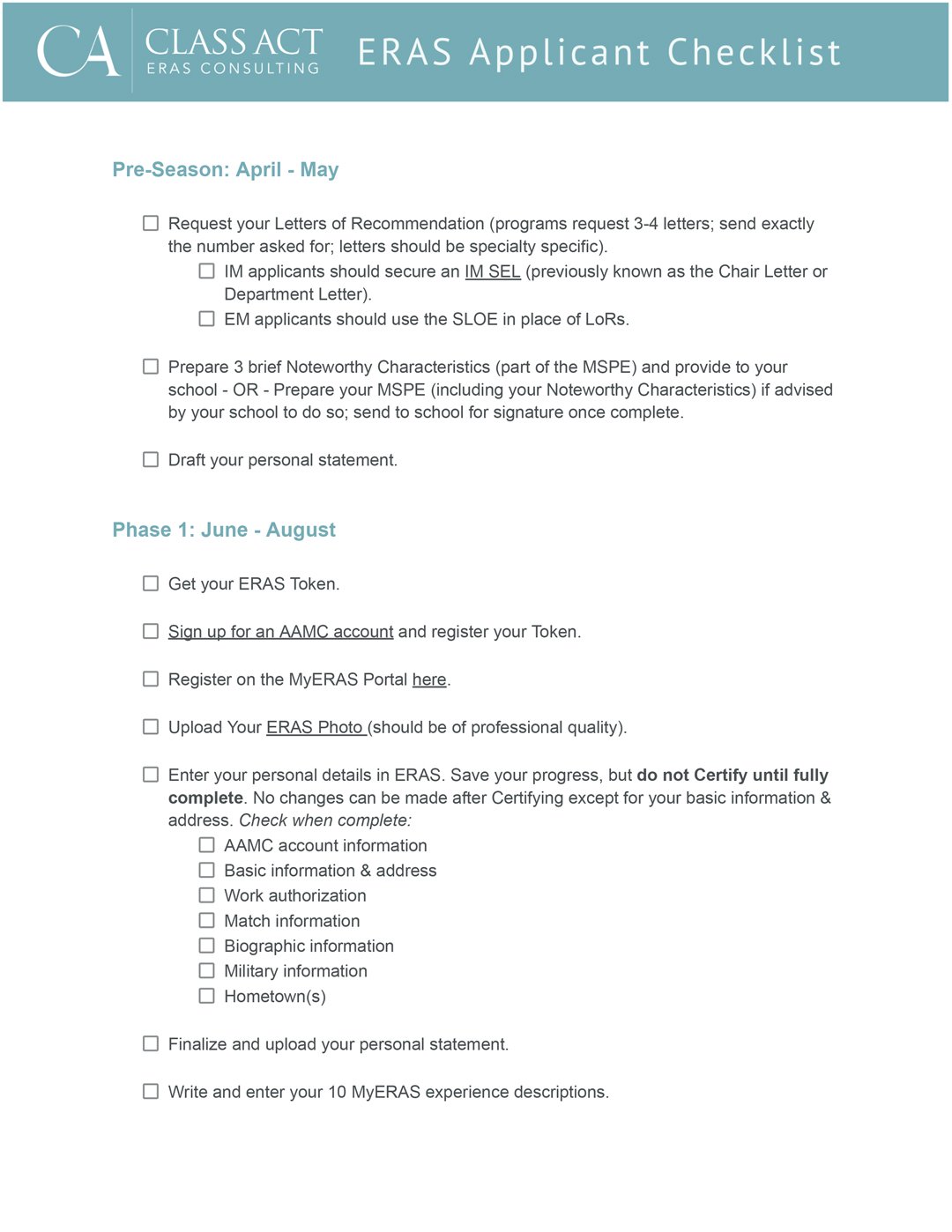 ERAS Residency Application Timeline Class Act