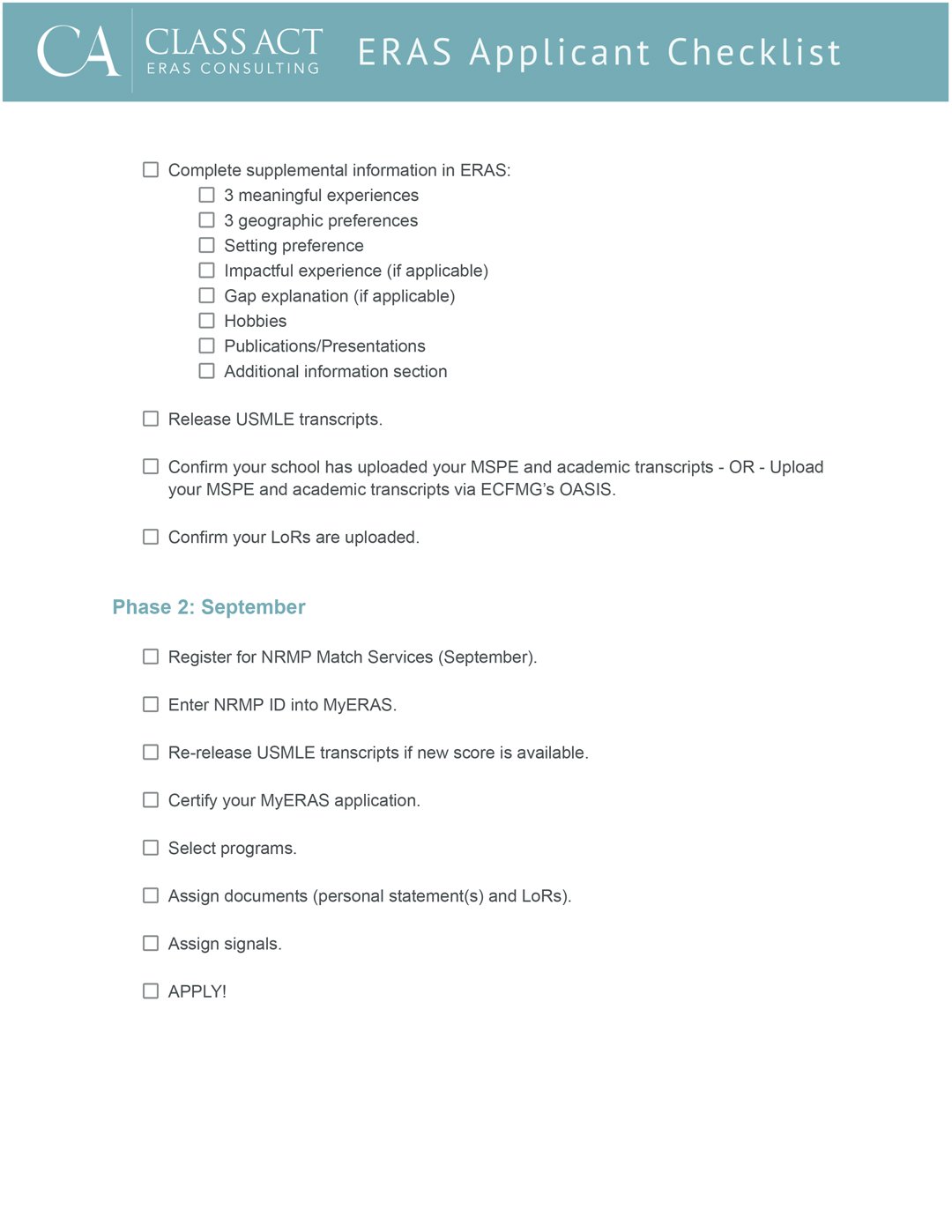 ERAS Residency Application Timeline Class Act