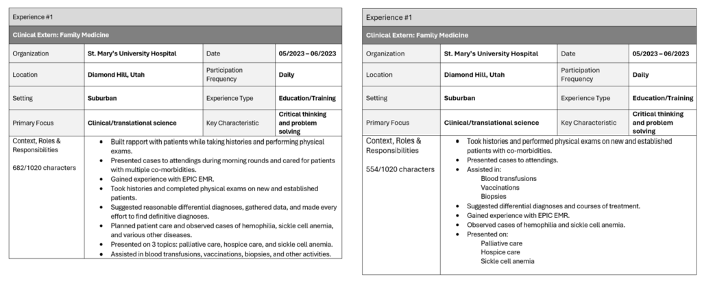 MyERAS Application Experience Descriptions